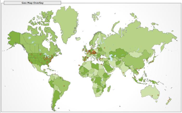 Návštěvníci One-Sudoku.com na mapě (Google Analytics)