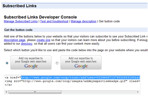 Google Subscribed links: tlačítko (URL pro přihlášení)