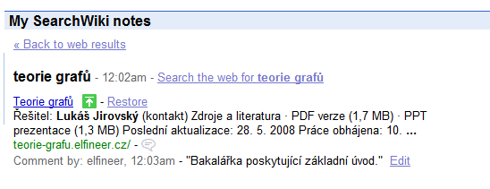 Přehled mých úprav Google SearchWiki