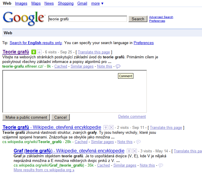 Výsledky hledání upravené Google SearchWiki